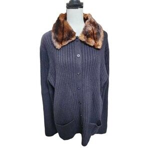 Jones New York Country Cashmere Angora Sweater Size XL Black Faux Fur Collar